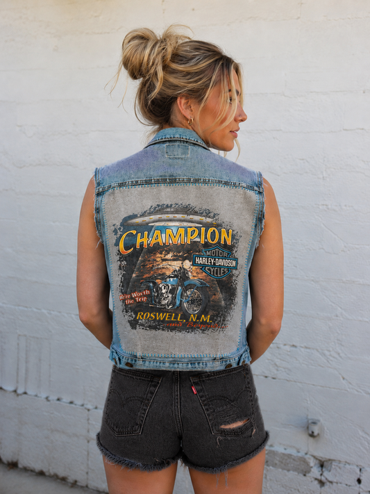 Harley-Davidson Denim Vest with Roswell NM Back Graphic | Size Medium